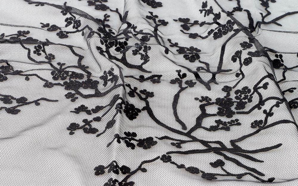 Transfer serigrafico flock nero floreale su organza
